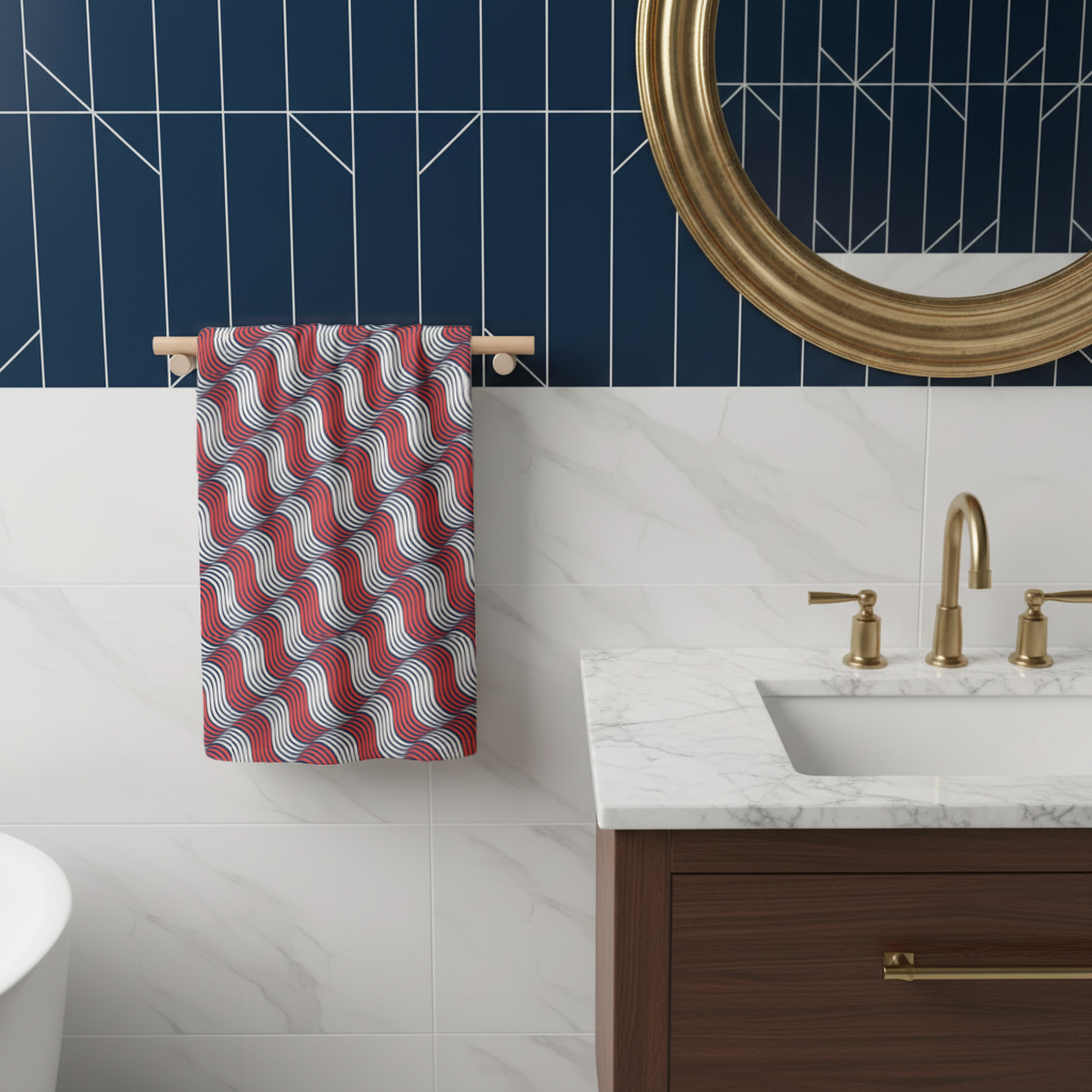 Red and Navy Wavy Line Pattern Hand Towel
