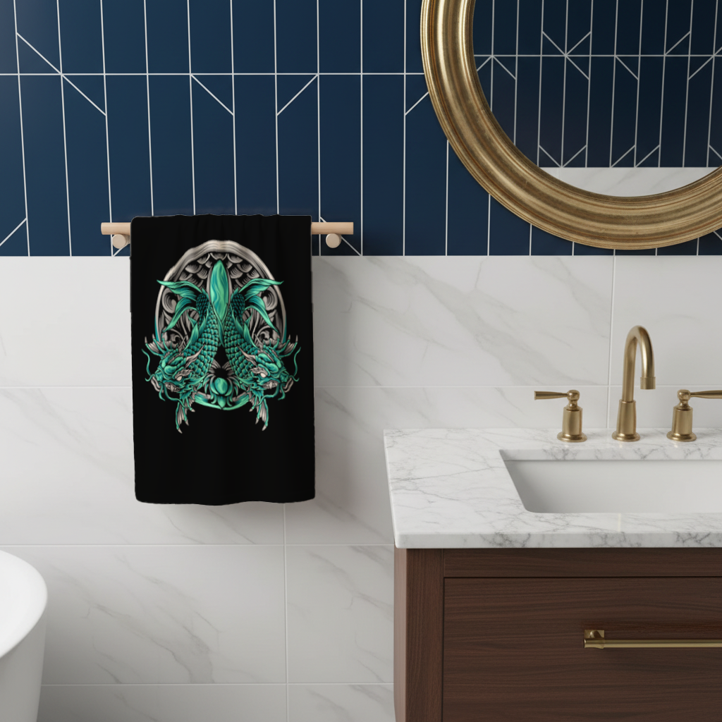 Turquoise Twin Dragon Emblem Design Hand Towel