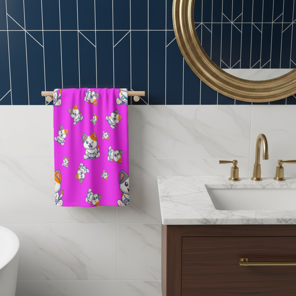 Cute Cartoon Cat Pattern on Pink Background Hand Towel