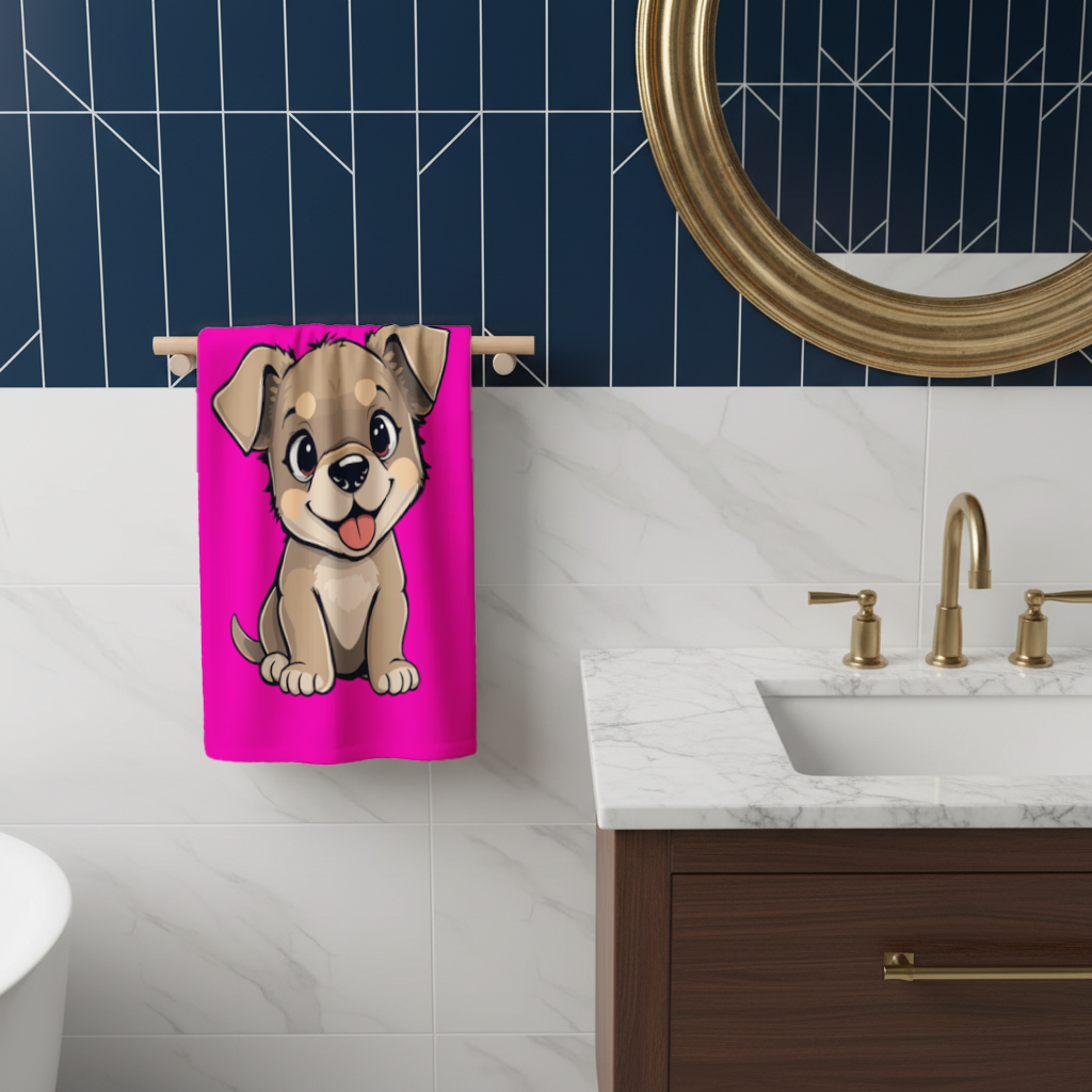 Cute Dog Illustration on Pink Background Hand Towel