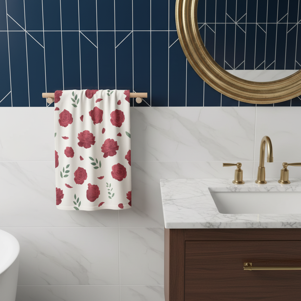 Red Rose and Leaf Romantic Seamless Pattern Hand Towel