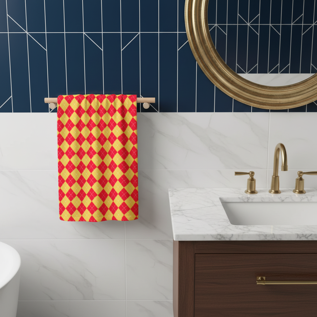 Red and Yellow Argyle Geometric Pattern Background Hand Towel