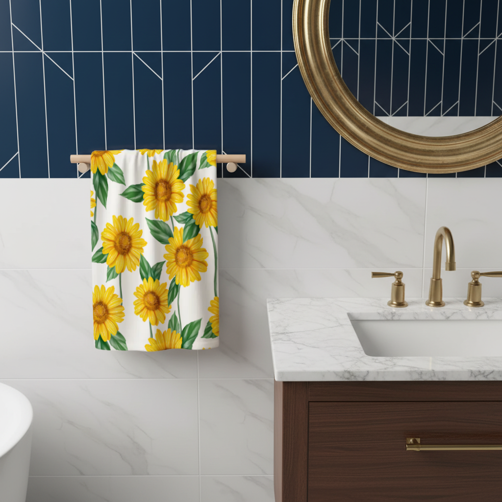 Vibrant Yellow Sunflower and Green Leaf Pattern Illustration Hand Towel