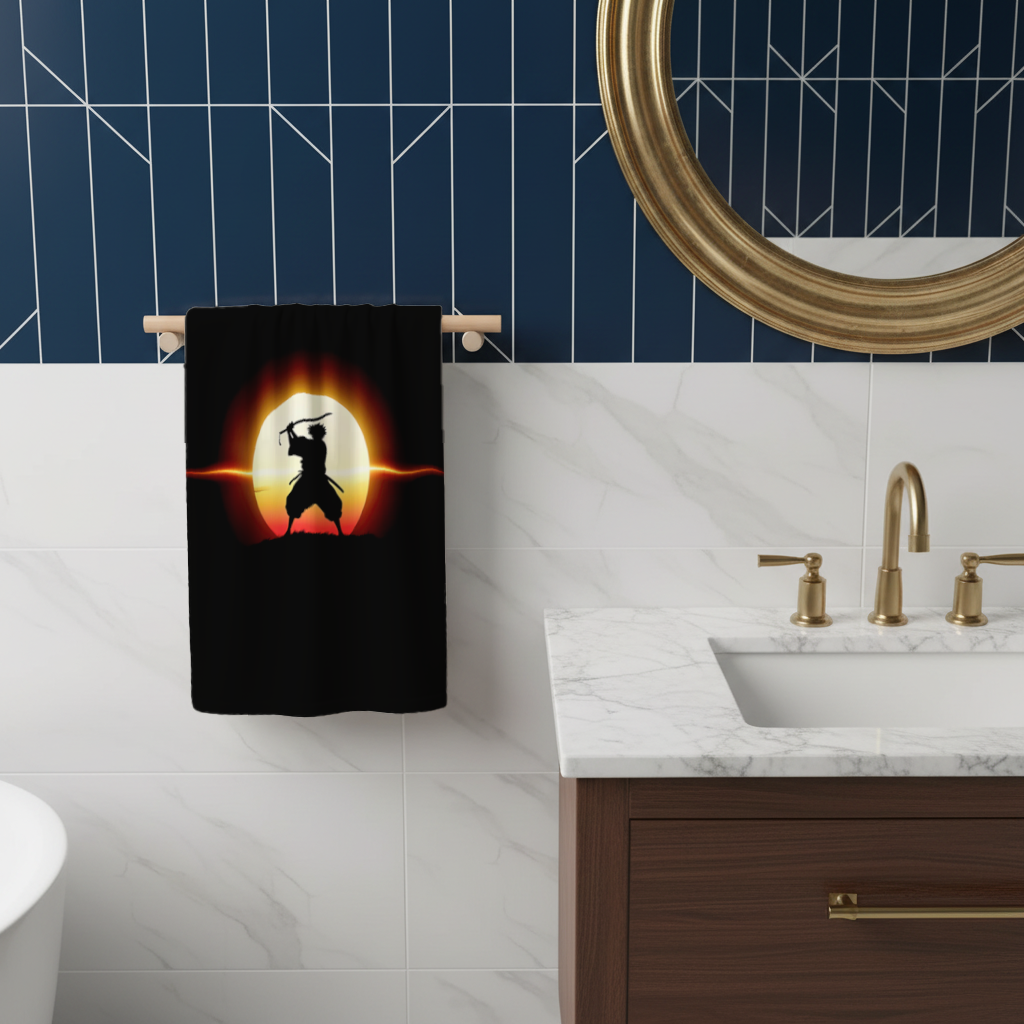 Samurai Silhouette Under the Rising Sun Honor and Strength Hand Towel