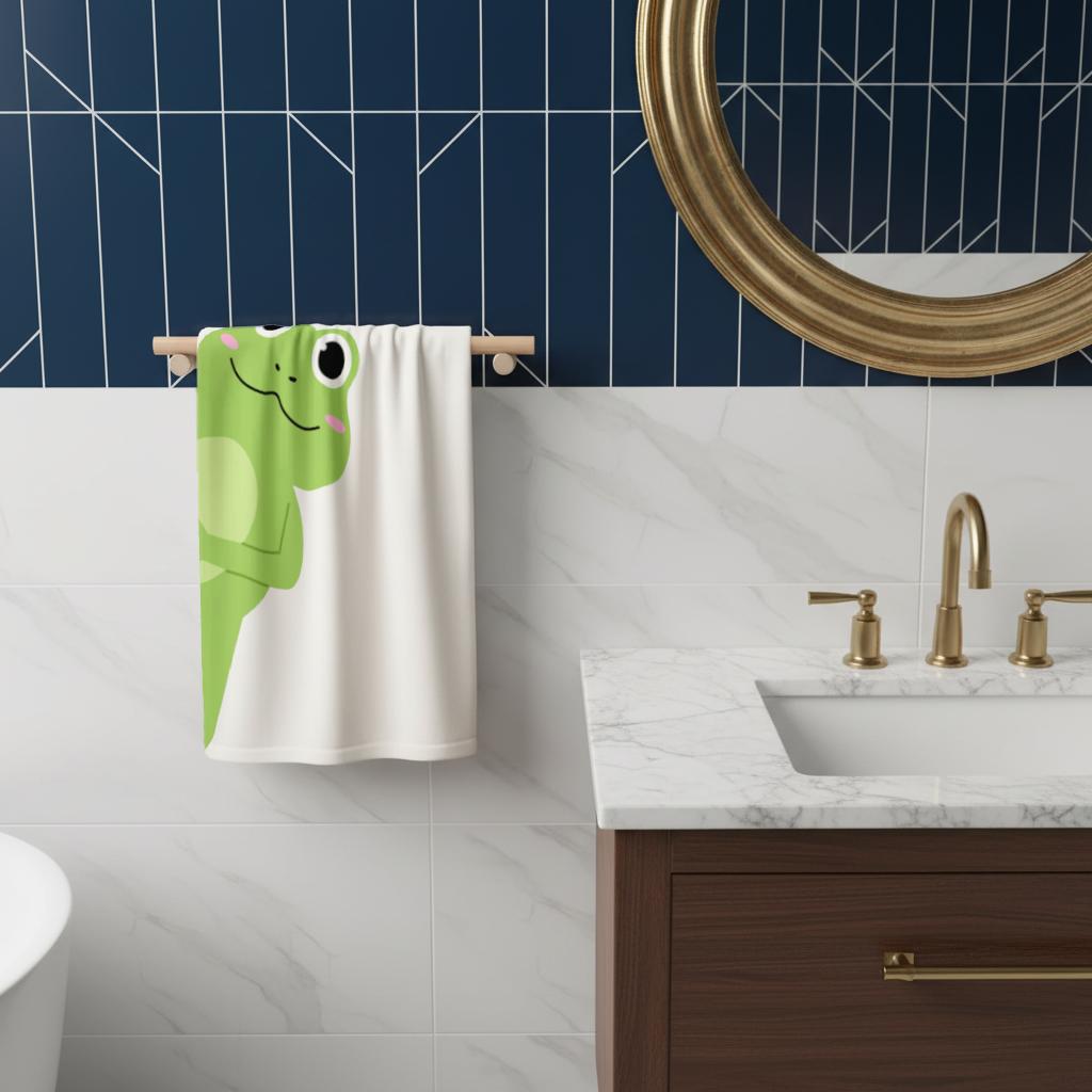 Cute Green Frog Peek-a-Boo Illustration Hand Towel