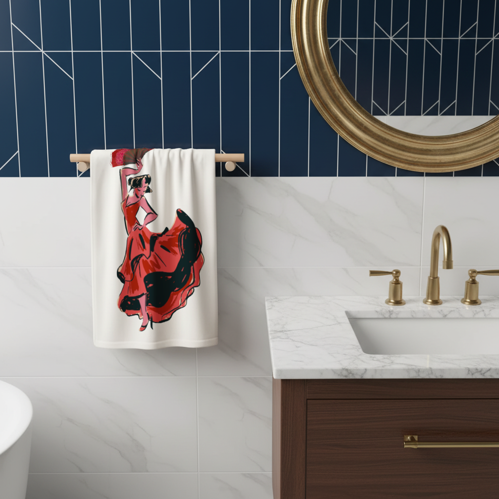 Flamenco Dancer with Fan Illustration Hand Towel