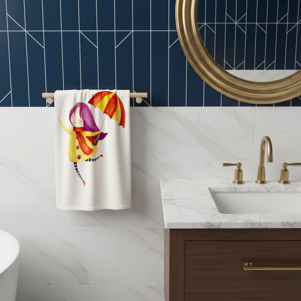 Cheerful Girl with Umbrella Hand Towel
