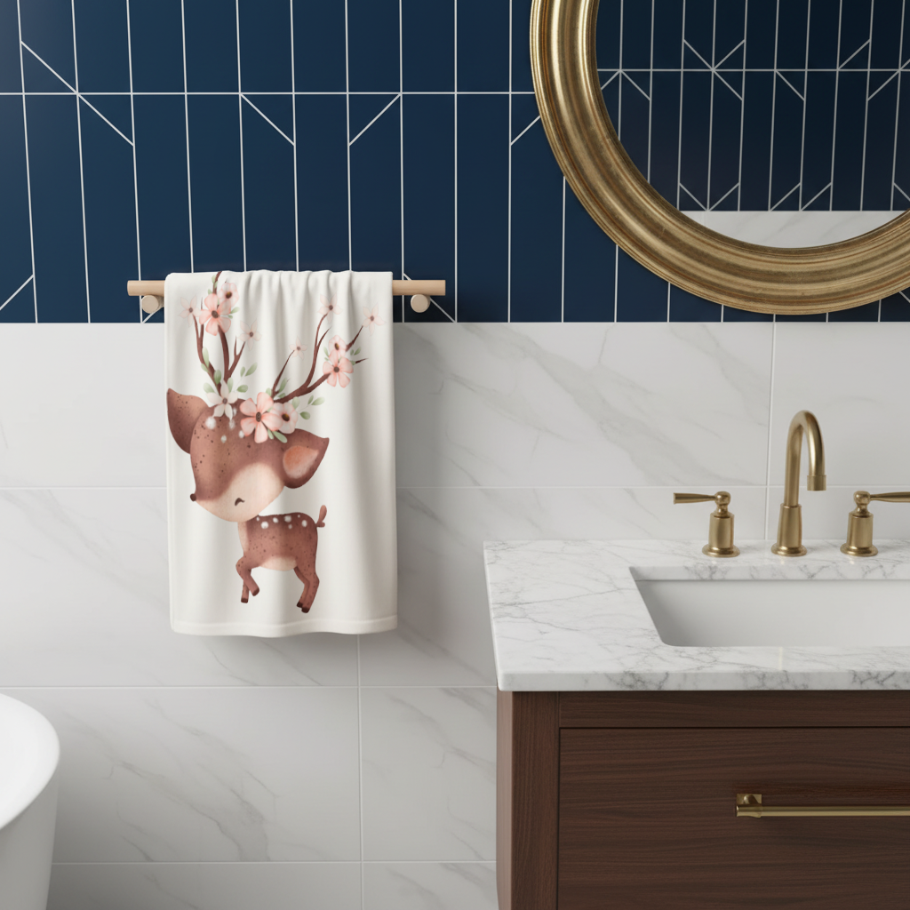 Cute Baby Deer with Floral Antlers Hand Towel