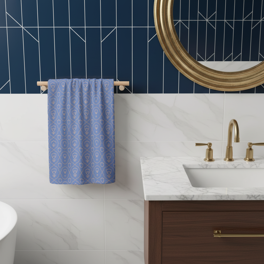 Orange Linear Floral Pattern on Blue Hand Towel