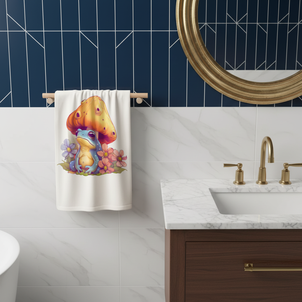 Blue Frog Resting Under Orange Mushroom Hand Towel