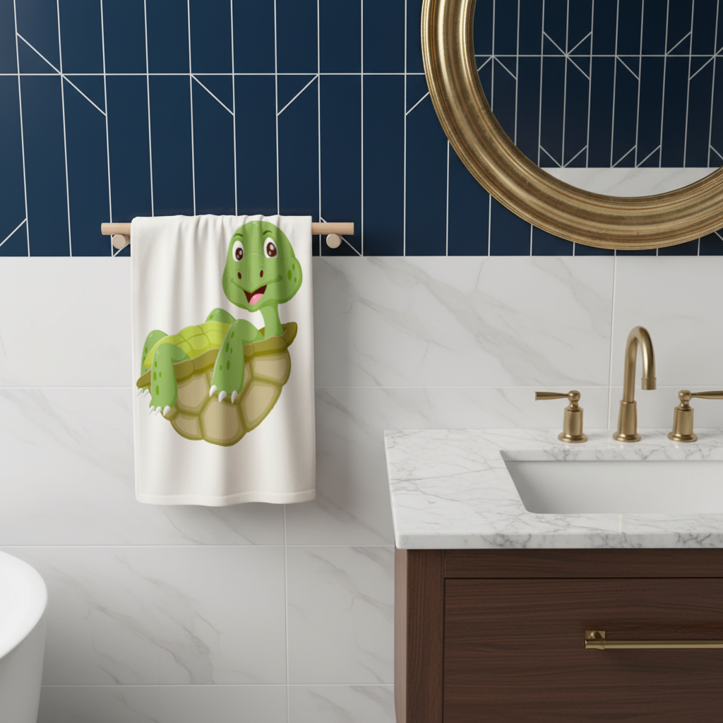 Happy Smiling Green Turtle in Shell Hand Towel