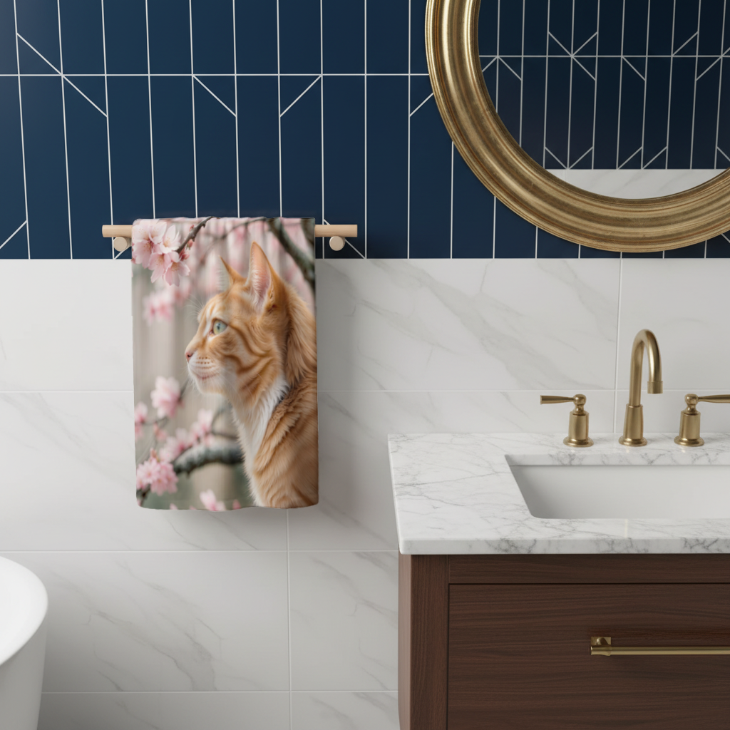 Adorable Ginger Cat Portrait Among Spring Flowers Hand Towel