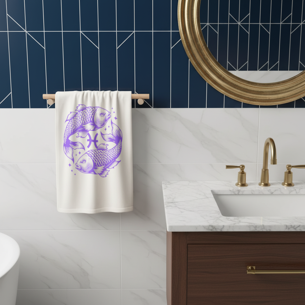Pisces Zodiac Symbol with Purple Fish Art Hand Towel