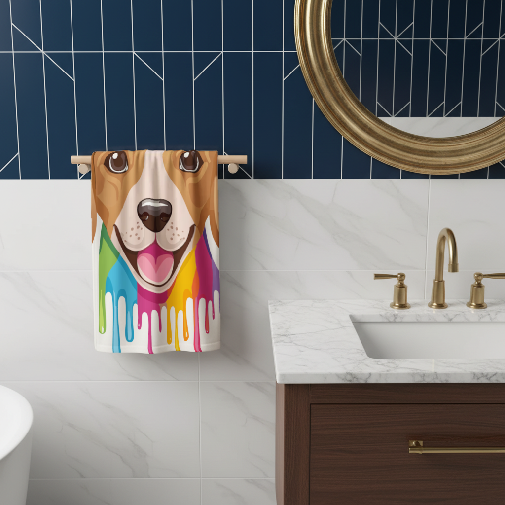Happy Dog with Colorful Paint Drips Hand Towel