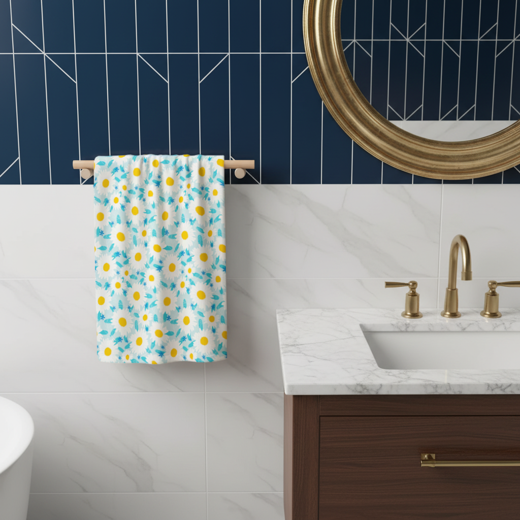 Daisy Garden and Turquoise Leaves Pattern Hand Towel