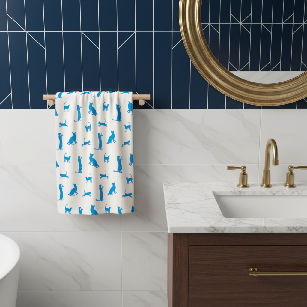 Blue Cat Silhouettes Seamless Pattern Hand Towel