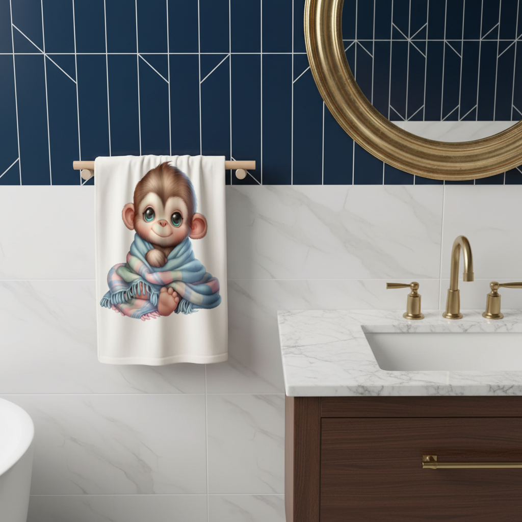 Cute Baby Monkey Wrapped in Blanket Hand Towel