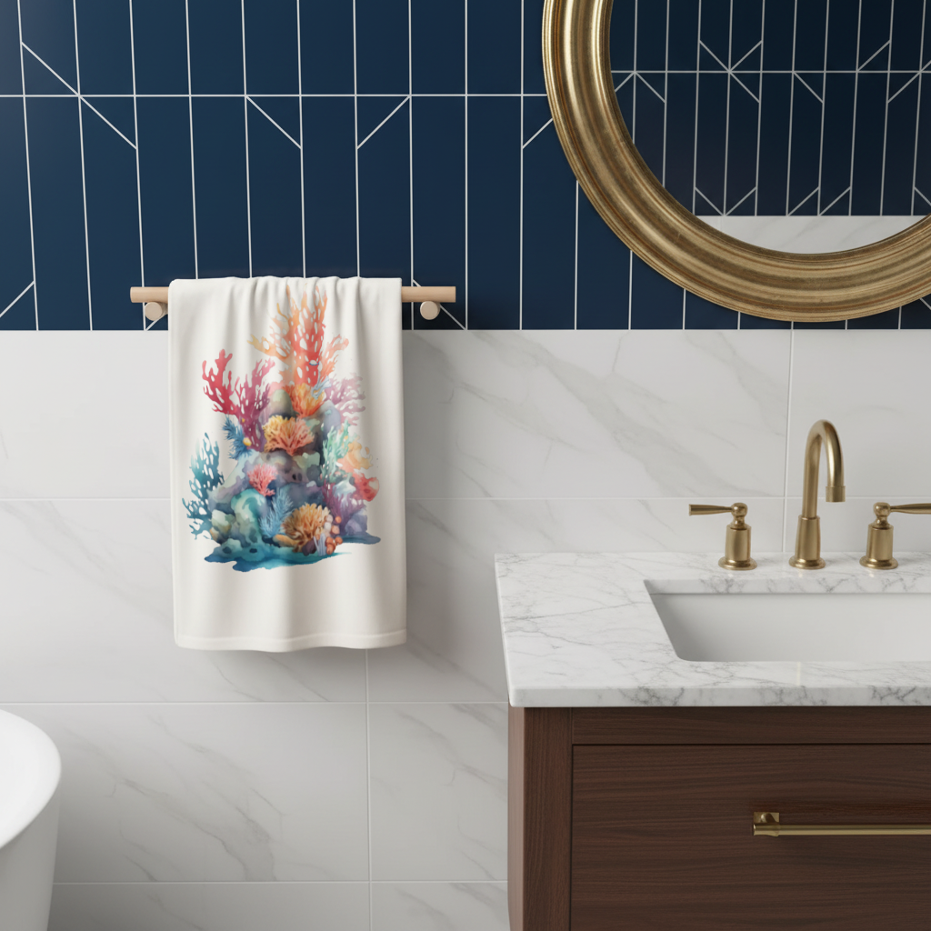 Vibrant Watercolor Coral Reef Scene Hand Towel