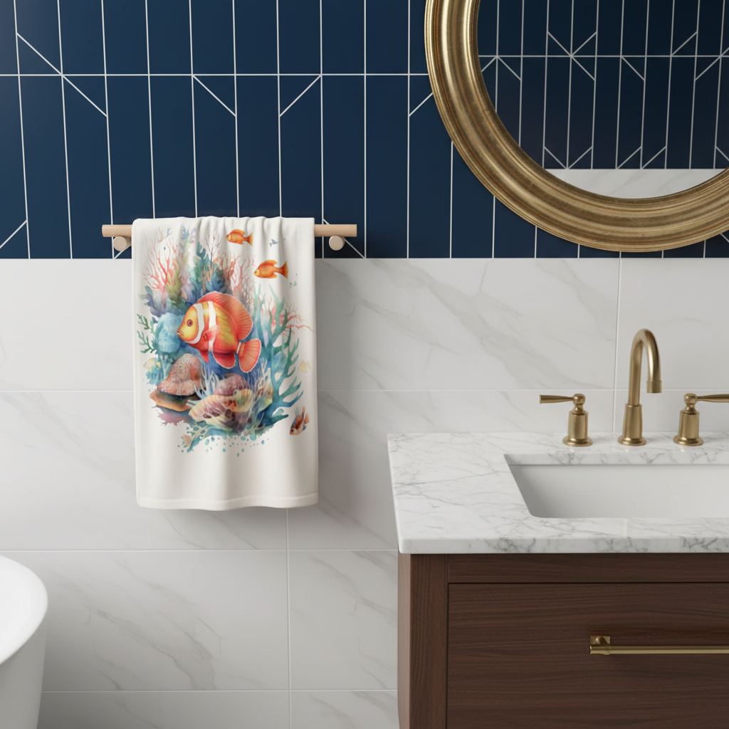 Watercolor Clownfish and Tropical Coral Reef Hand Towel