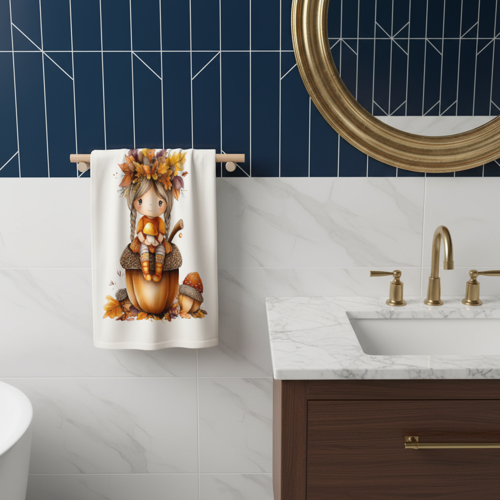 Autumn Acorn Mushroom Girl Hand Towel
