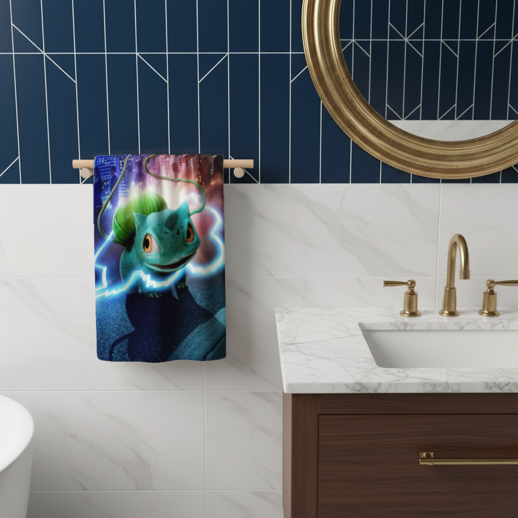 Glowing Neon Creature in Night City Hand Towel