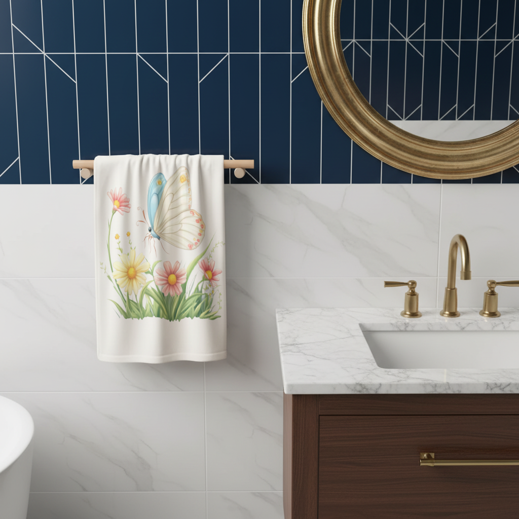 Pastel Kelebek ve Kır Çiçekleri Bahçesi El Havlusu