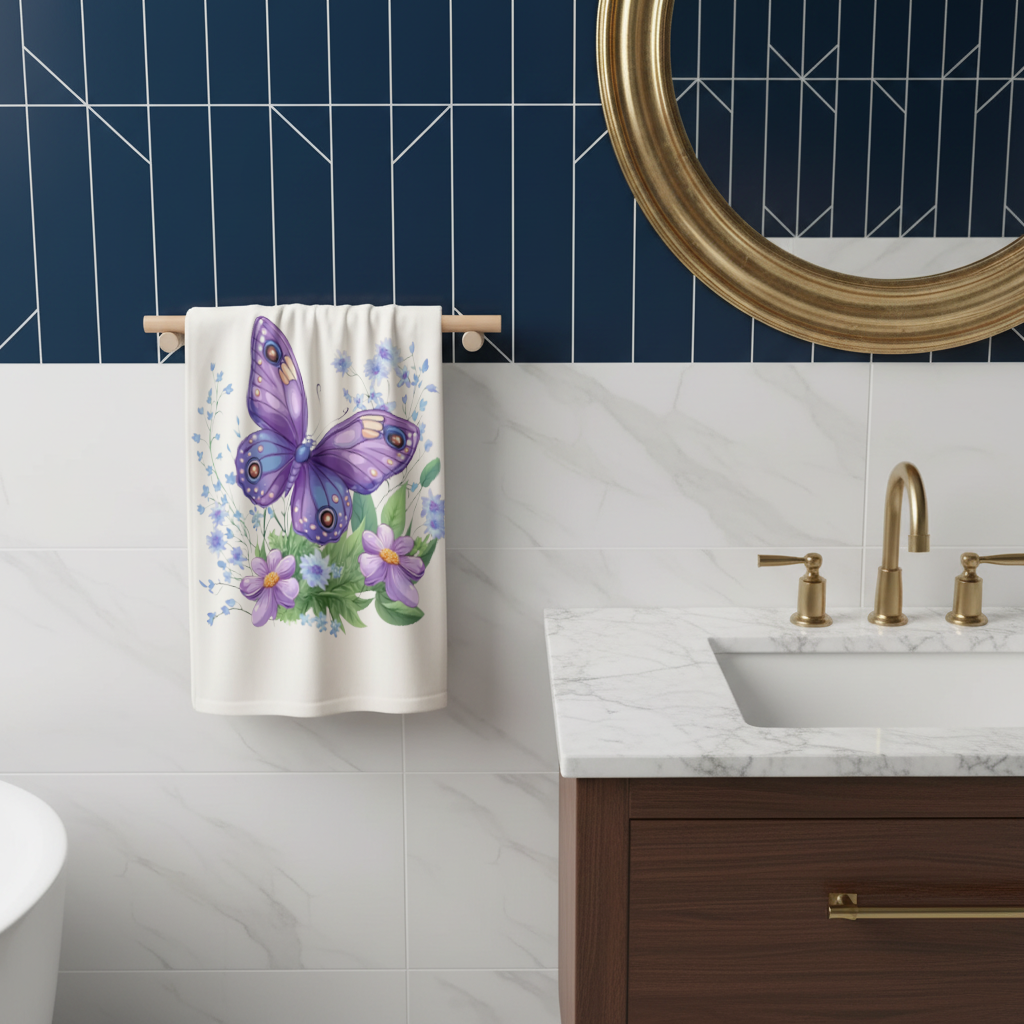 Mor Kelebek ve Mavi Kır Çiçekleri El Havlusu