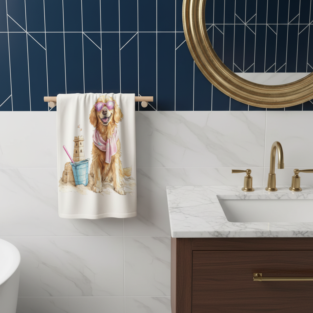 Plajda Pembe Gözlüklü Golden Retriever El Havlusu