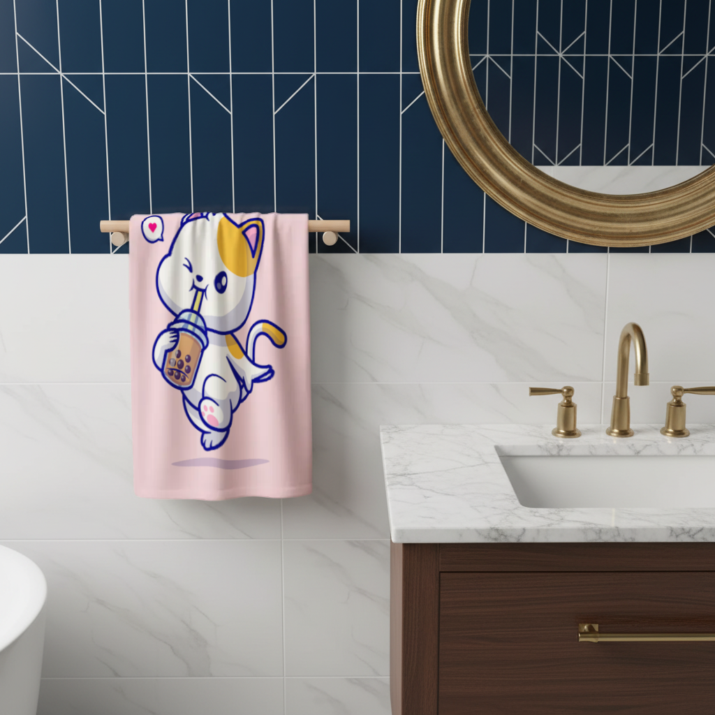 Boba Çayı İçen Kawaii Kedi El Havlusu