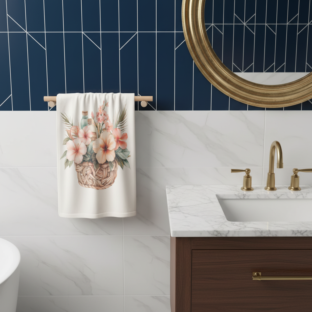 Tropikal Hibiskus Çiçekli Hasır Sepet El Havlusu