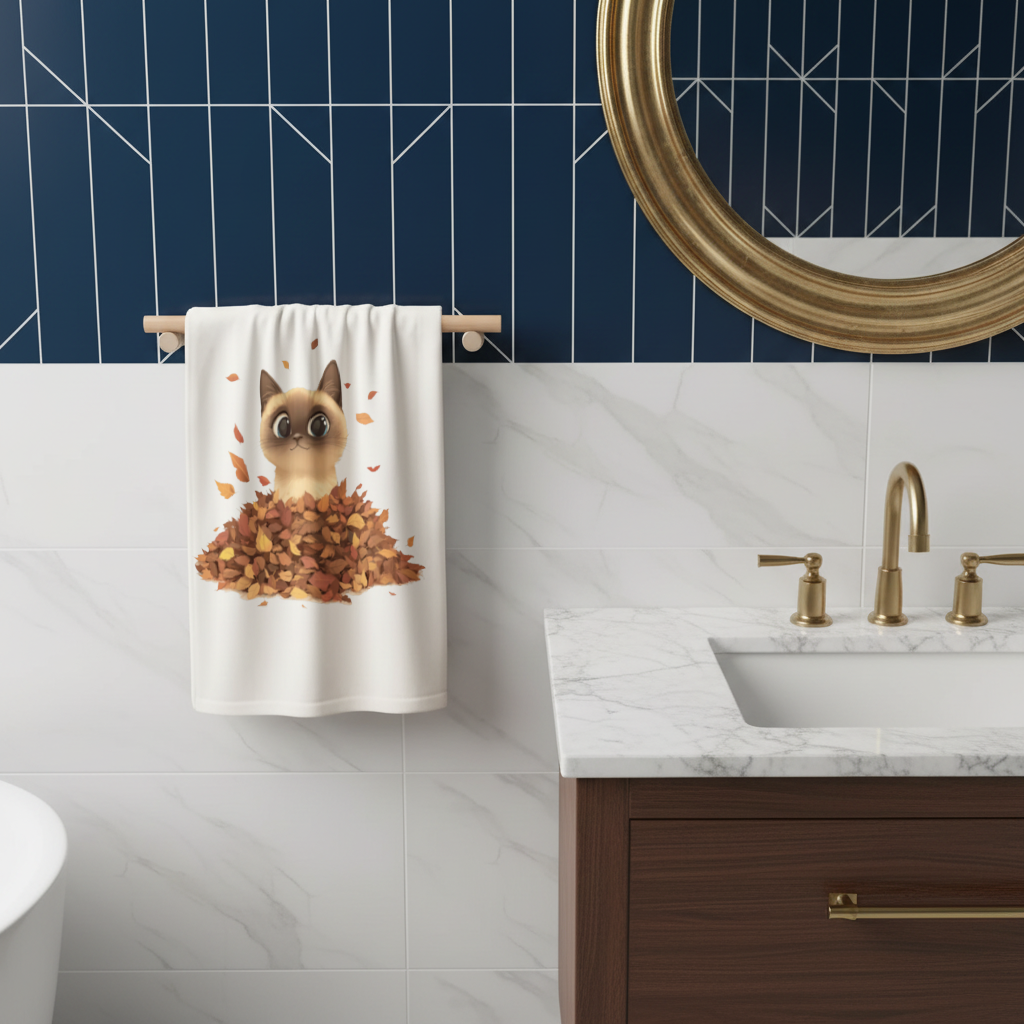 Siamese Cat in Autumn Leaf Pile Hand Towel