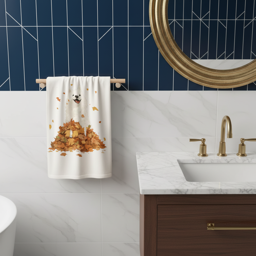 Happy White Dog in Autumn Leaves Hand Towel