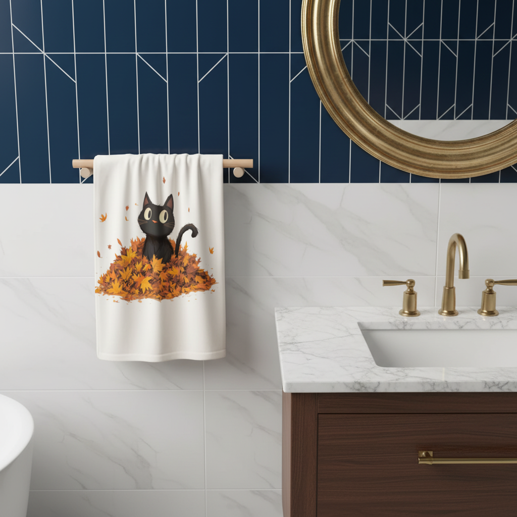 Cute Black Cat in Autumn Leaves 