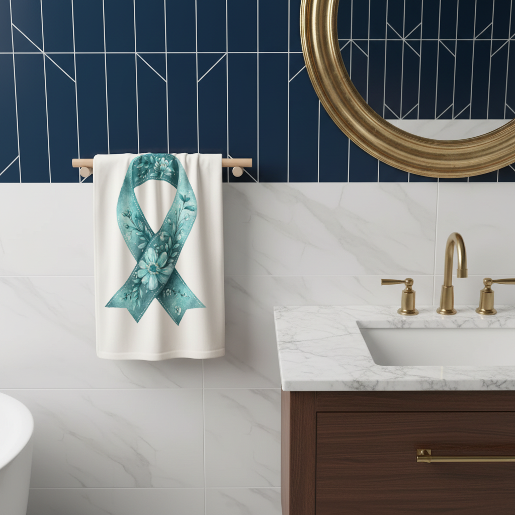 Turkuaz Çiçekli Farkındalık Kurdelesi El Havlusu