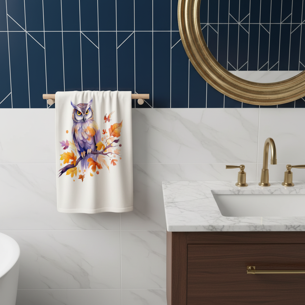 Whimsical Autumn Owl and Butterfly Hand Towel