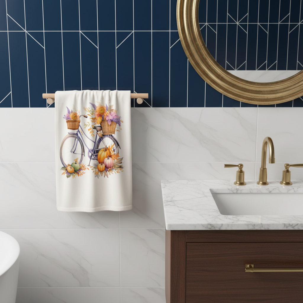 Lavender Autumn Bicycle with Pumpkins Hand Towel