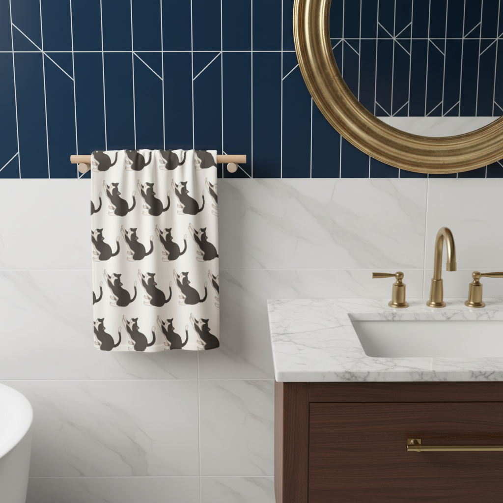 Stretching Tuxedo Cat Hand Towel