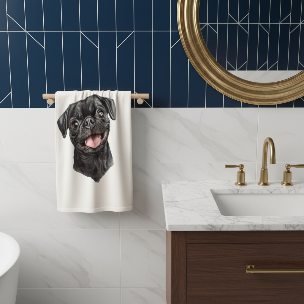 Happy Black Pug Face Hand Towel