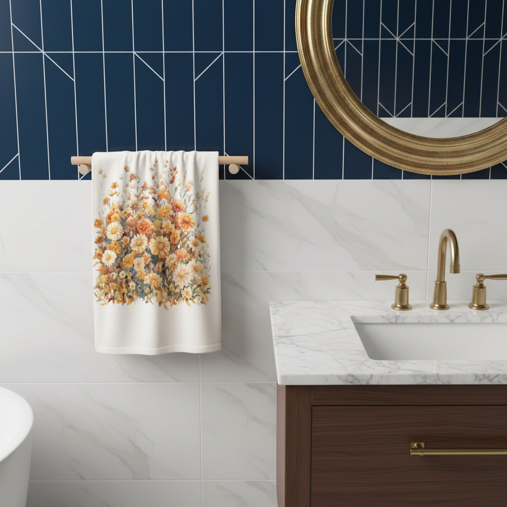 Sulu Boya Turuncu Yabani Çiçekler El Havlusu