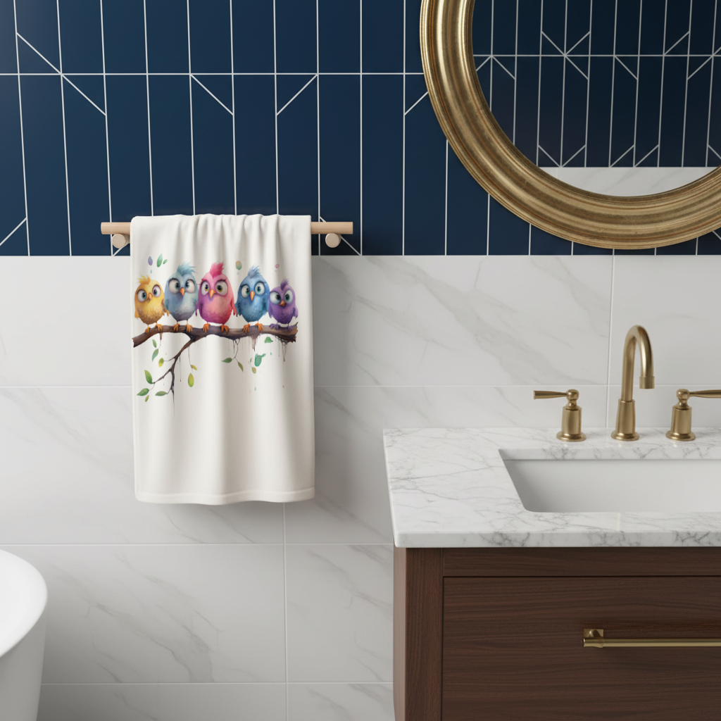 Five Colorful Kawaii Birds on Branch 