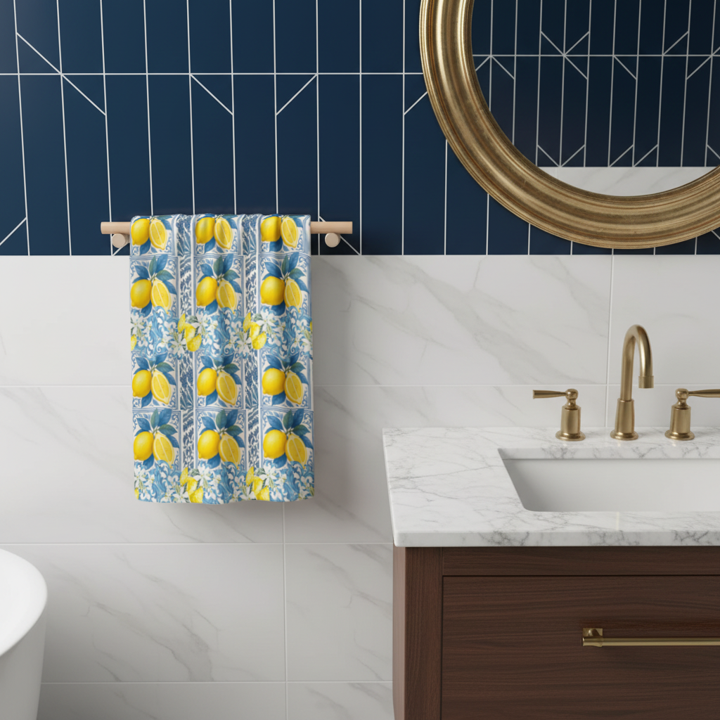 Mediterranean Lemon and Blue Azulejo Tile Pattern Hand Towel