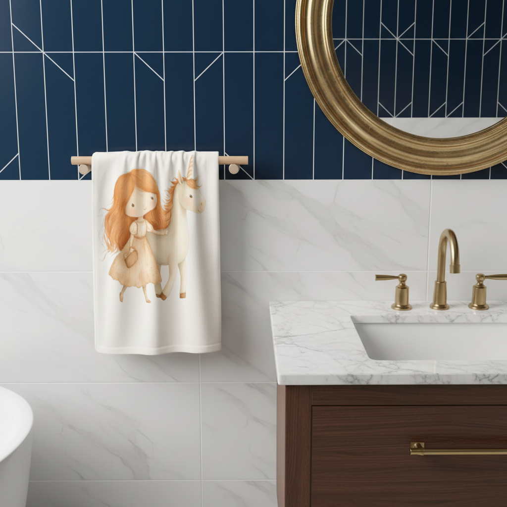 Ginger Girl with Whimsical White Unicorn Hand Towel