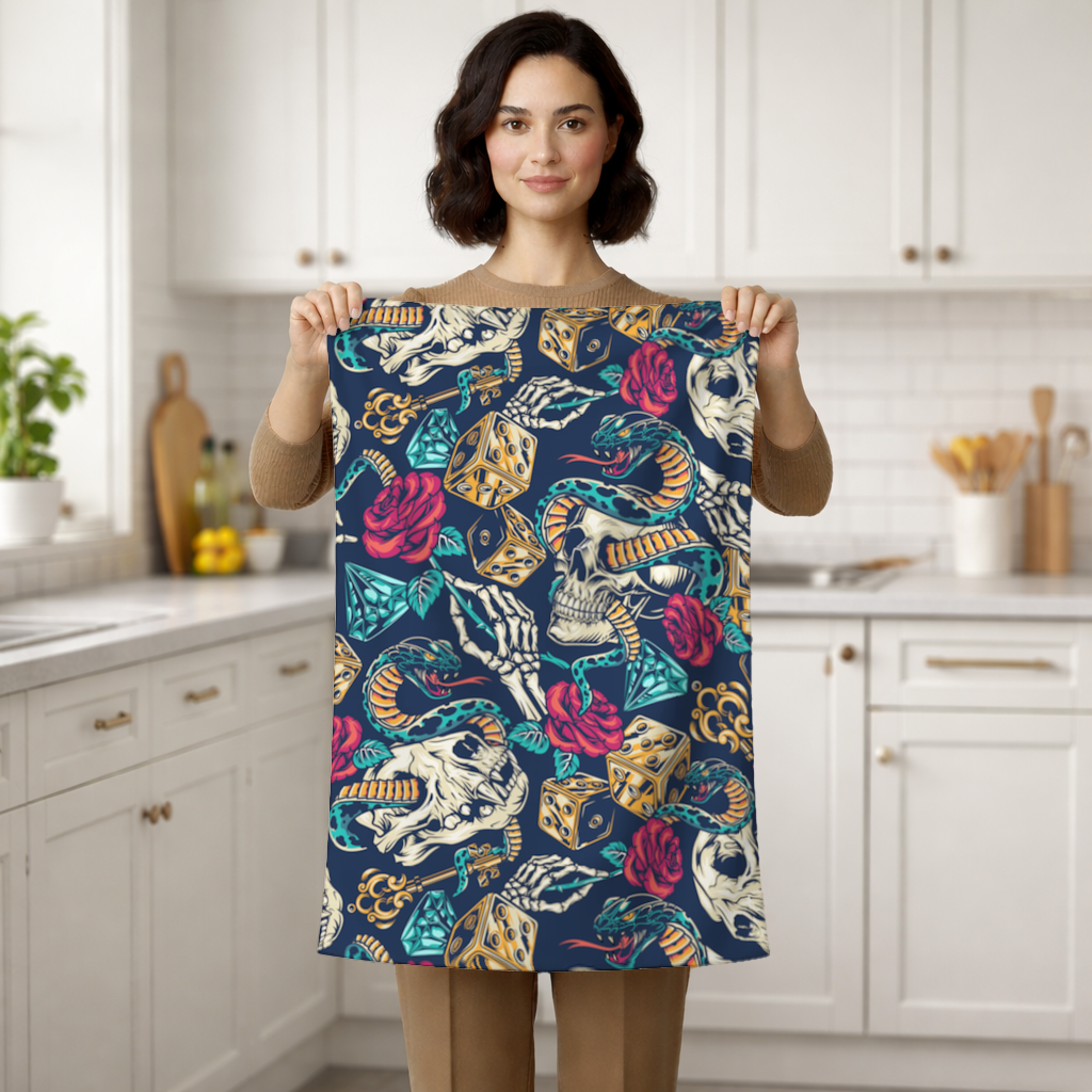 Skull Snake Dice and Roses Pattern Hand Towel