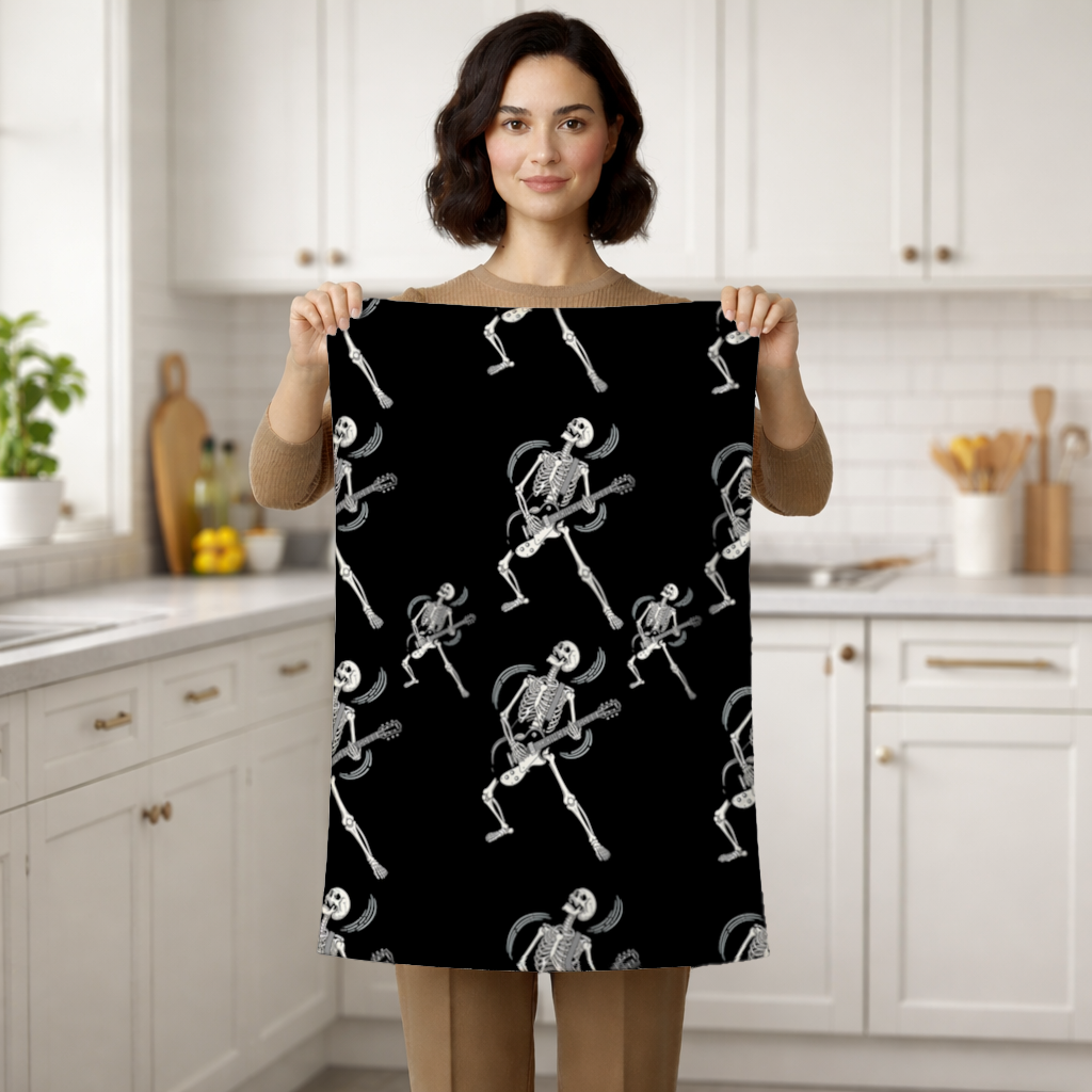 Rock Guitar Playing Skeleton Pattern on Black Hand Towel
