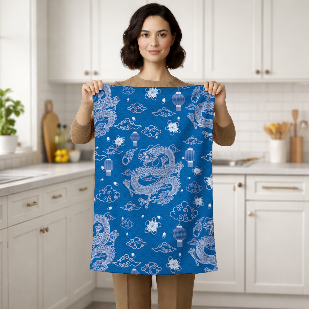 Mavi Zemin Üzerinde Geleneksel Ejderha Deseni El Havlusu