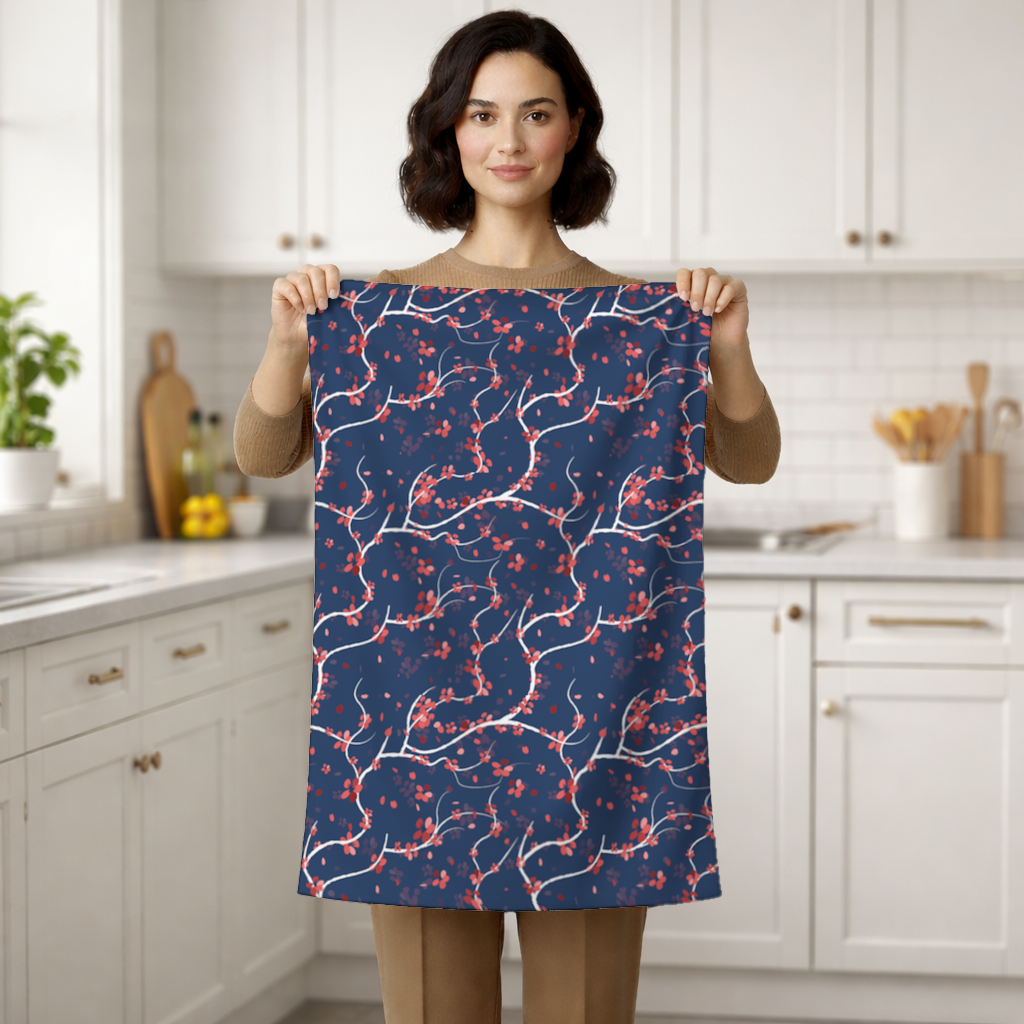 Red Floral Branch Pattern on Navy Background Hand Towel