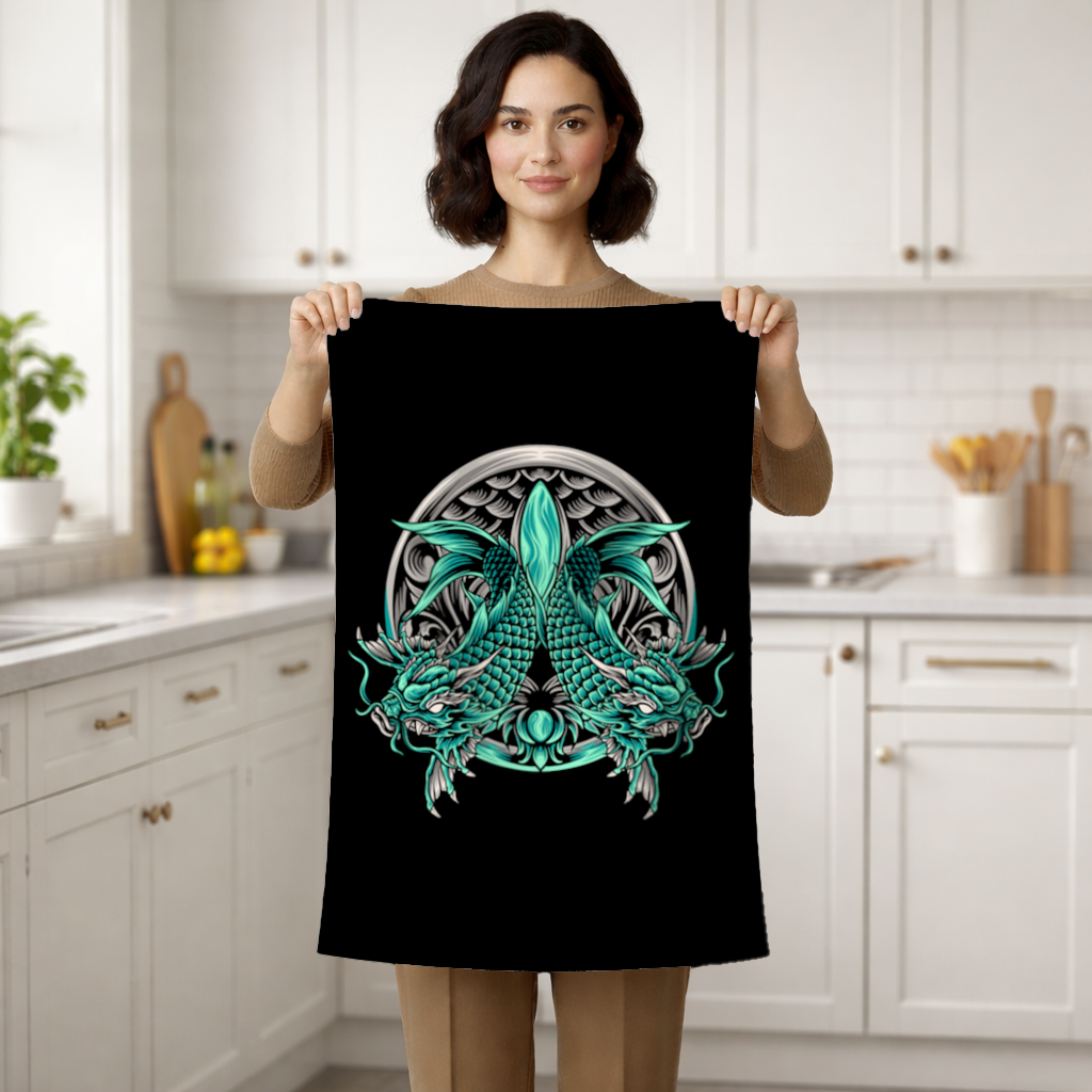 Turquoise Twin Dragon Emblem Design Hand Towel