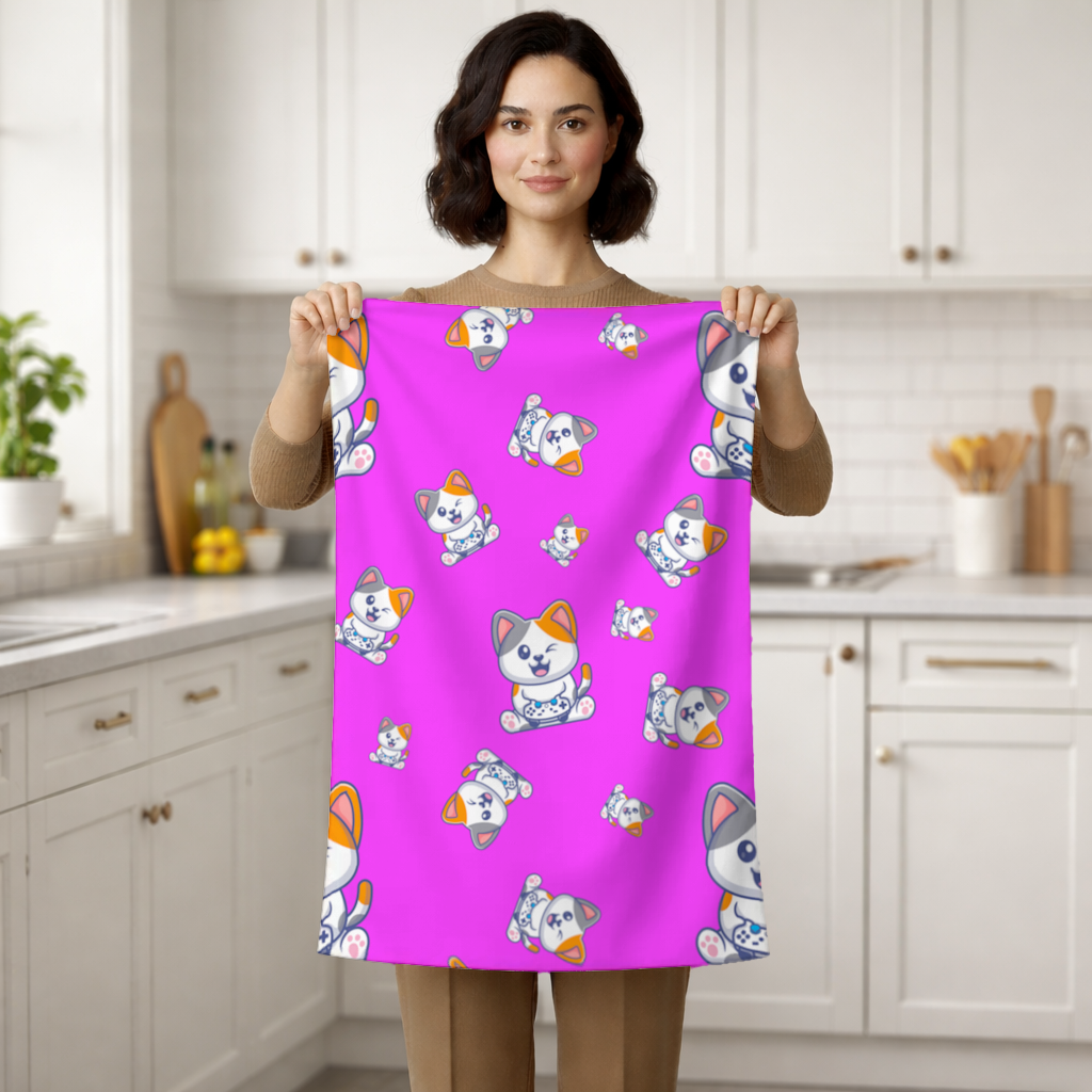 Cute Cartoon Cat Pattern on Pink Background Hand Towel