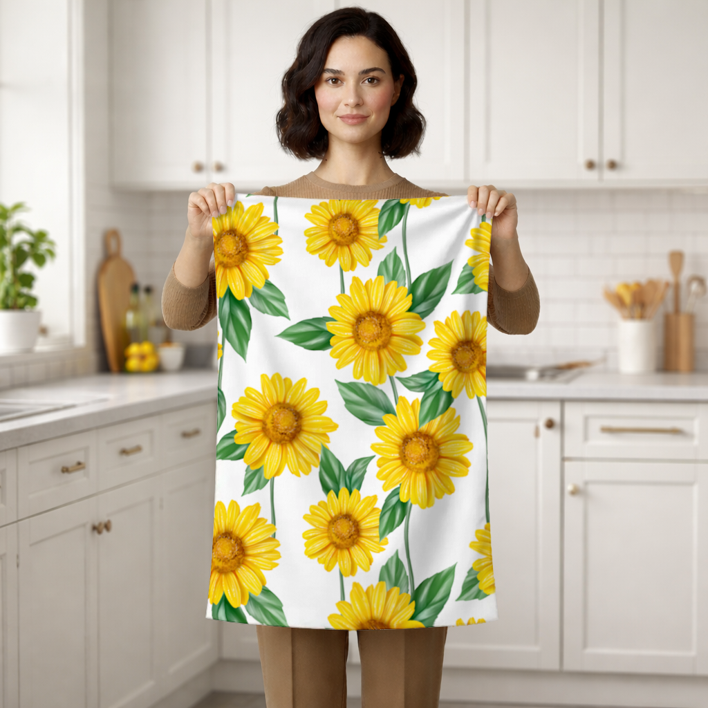 Vibrant Yellow Sunflower and Green Leaf Pattern Illustration Hand Towel