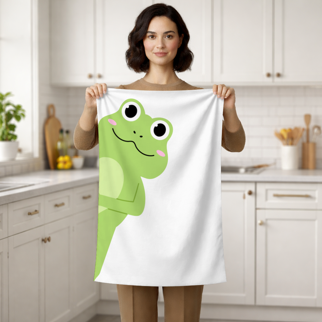 Cute Green Frog Peek-a-Boo Illustration Hand Towel